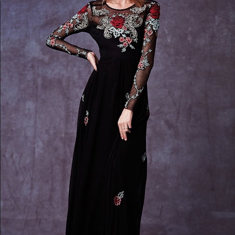 Free People long sleeve floral embellished gown